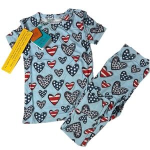 Posh Peanut Girls' Becky Patriotic Red and Blue Heart‎ Pajama Set NWT